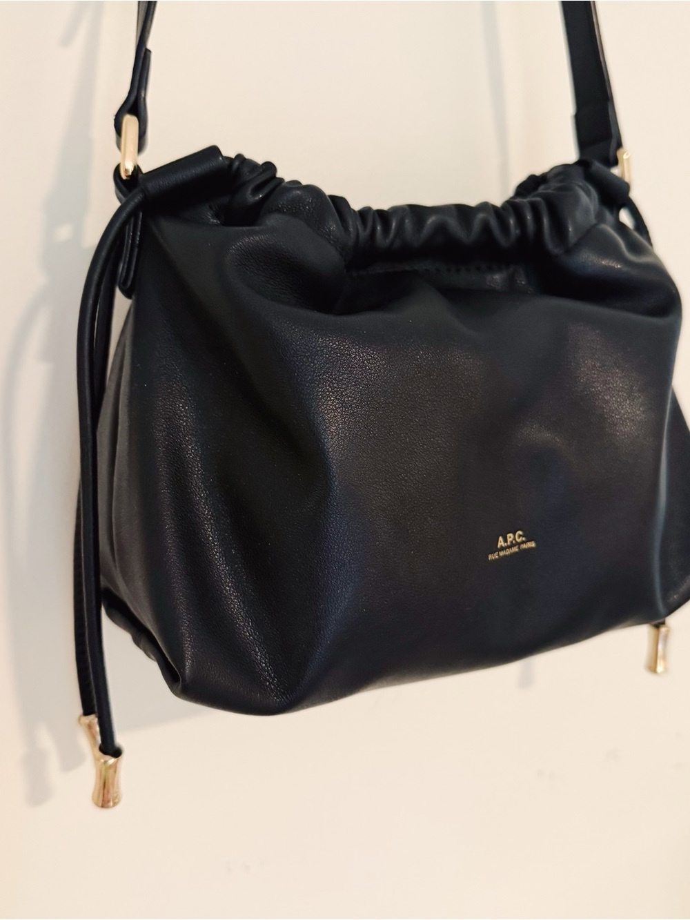 A.P.C. Ninon Crossbody Bag with Gold Hardware. Black Leather Drawstring - Picture 4 of 8